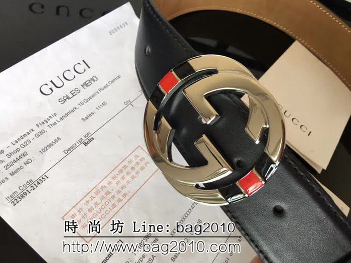 古馳CUCCI 雙條紋黑白織布頭層牛皮接頭尾 配純銅扣 百搭休閒款男士皮帶 GHG1186